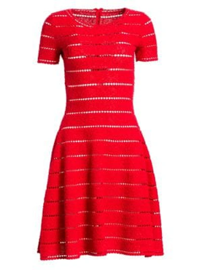 Shop Oscar De La Renta Short-sleeve Eyelet Knit A-line Dress In Red