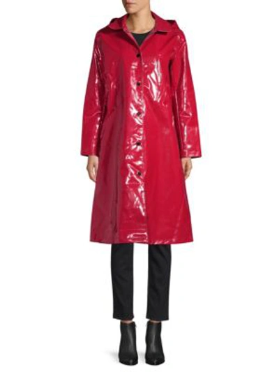 Shop Jane Post High Shine Slicker Long Coat In Classic Red
