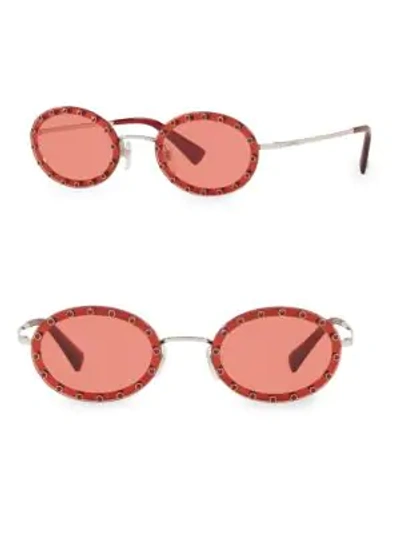 Shop Valentino Va2025 Solid Silver 51mm Oval Studded Sunglasses In Red