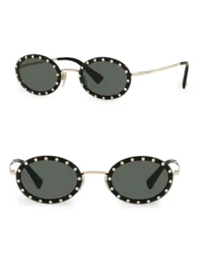 Shop Valentino Va2025 Solid Silver 51mm Oval Studded Sunglasses In Green