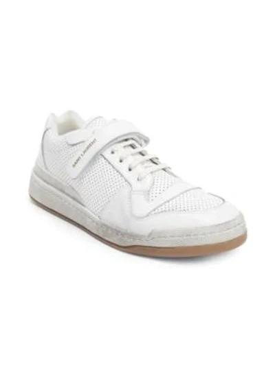 Shop Saint Laurent Men's Sl24 Perforated Leather Sneakers In White
