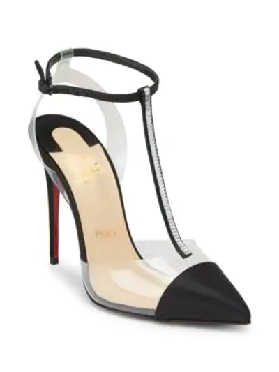 Shop Christian Louboutin Nosy 100 Embellished Satin T-strap Pumps In Black