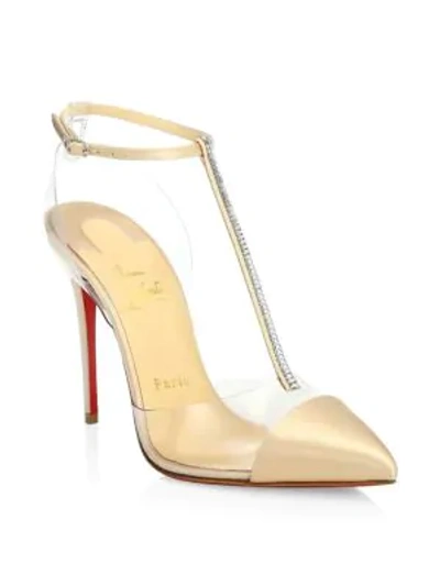 Shop Christian Louboutin Nosy 100 Embellished Satin T-strap Pumps In Tan