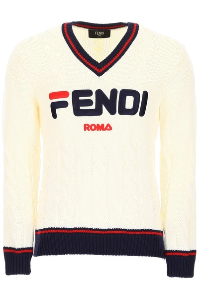 Shop Fendi Mania Cable Knit Pullover In Naturale