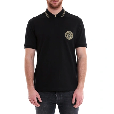 Shop Versace Medusa Patch Polo Shirt In Black