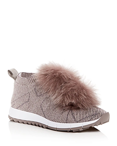 Shop Jimmy Choo Women's Norway Fox Fur Pom-pom Slip-on Sneakers In Opal Gray