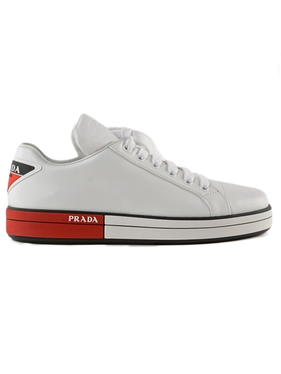Shop Prada Badge Sneakers In A Bianco+scarlatto