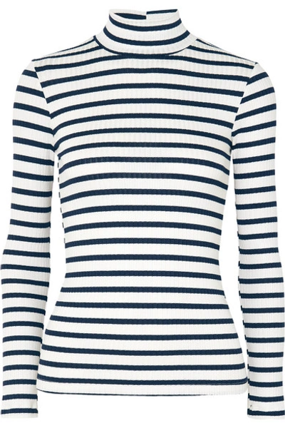 Shop Frame Striped Ribbed Stretch-knit Turtleneck Top In White