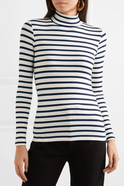 Shop Frame Striped Ribbed Stretch-knit Turtleneck Top In White