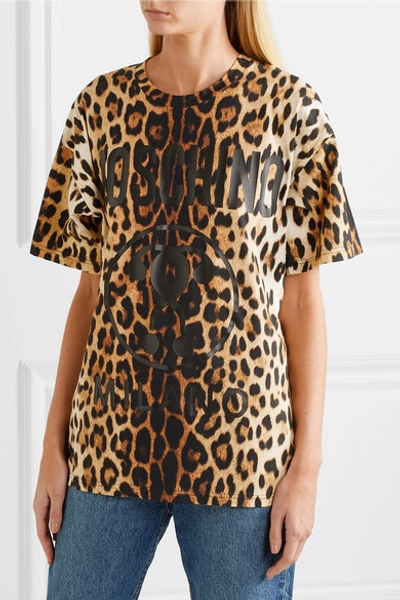 Shop Moschino Leopard-print Cotton-jersey T-shirt In Brown