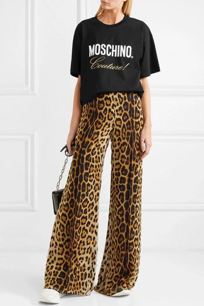 Shop Moschino Embroidered Printed Cotton-jersey T-shirt In Black