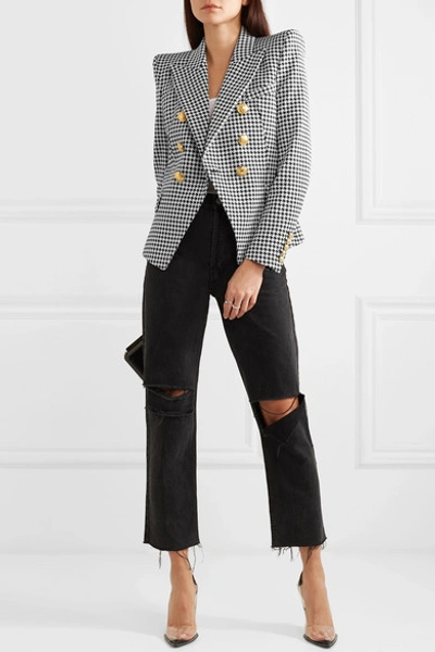 Shop Balmain Double-breasted Houndstooth Cotton-blend Jacquard Blazer In Gray