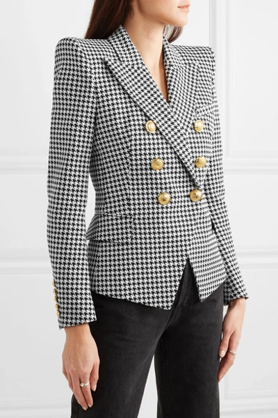 Shop Balmain Double-breasted Houndstooth Cotton-blend Jacquard Blazer In Gray