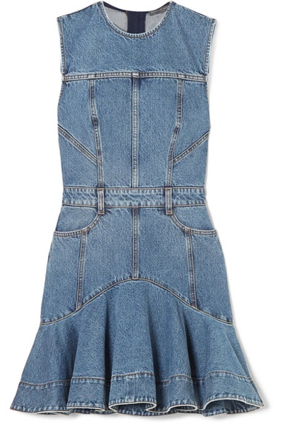 Shop Alexander Mcqueen Striped Grosgrain-trimmed Denim Mini Dress In Indigo