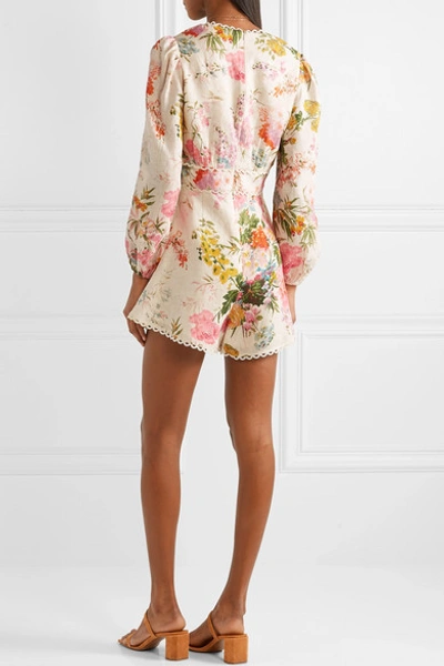 Shop Zimmermann Heathers Picot-trimmed Floral-print Linen Playsuit