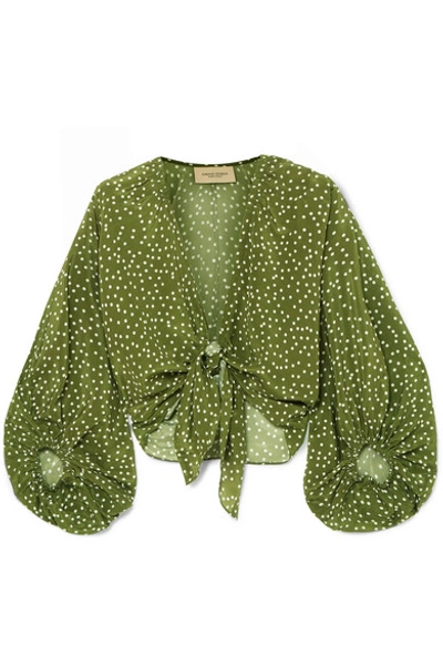 Shop Adriana Degreas Millie Punti Tie-detailed Polka-dot Silk Crepe De Chine Blouse In Green