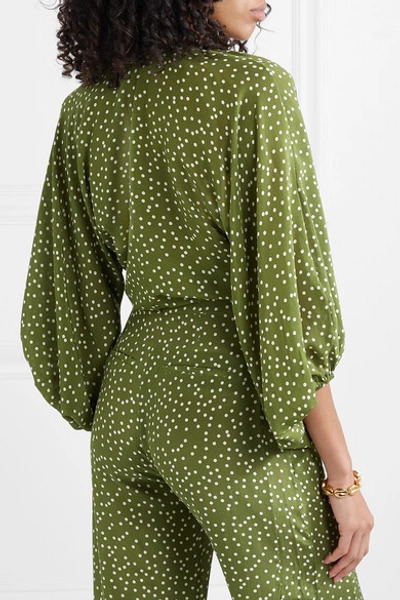 Shop Adriana Degreas Millie Punti Tie-detailed Polka-dot Silk Crepe De Chine Blouse In Green