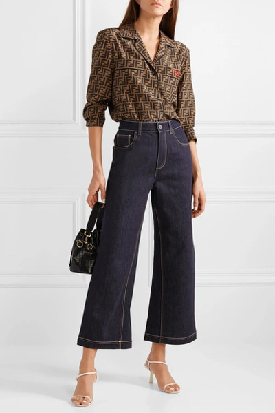 Shop Fendi Cropped High-rise Wide-leg Jeans In Indigo