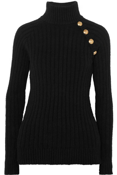 Shop Balmain Button-embellished Ribbed Cotton-blend Turtleneck Sweater In Black