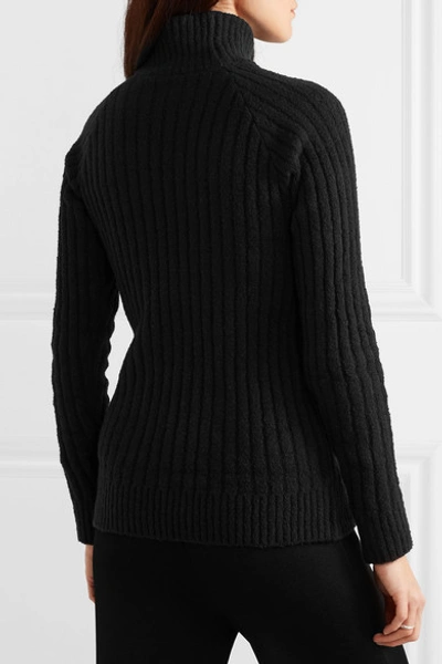Shop Balmain Button-embellished Ribbed Cotton-blend Turtleneck Sweater In Black