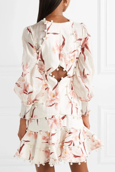 Shop Zimmermann Corsage Pompom-embellished Cutout Floral-print Linen Mini Dress In Ivory