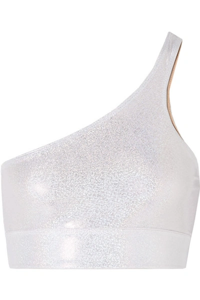 Shop Heroine Sport Flash One-shoulder Iridescent Stretch Sports Bra In Silver