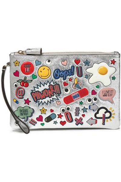 Shop Anya Hindmarch Woman Embellished Metallic Textured-leather Wristlet Silver