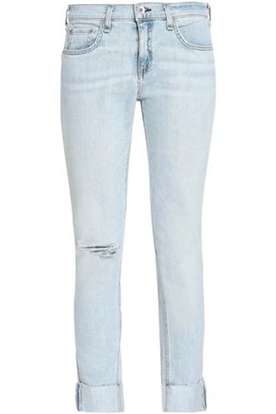 Shop Rag & Bone Woman Distressed Faded Mid-rise Slim-leg Jeans Light Denim
