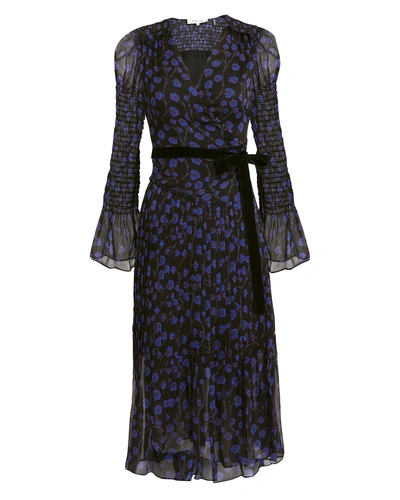 Shop Diane Von Furstenberg Ani Smocked Sleeve Midi Dress Black/blue Floral