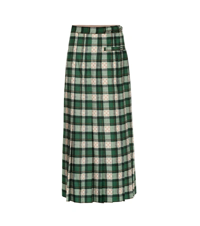 Shop Gucci Tartan Gg Wool Pleated Skirt In Green