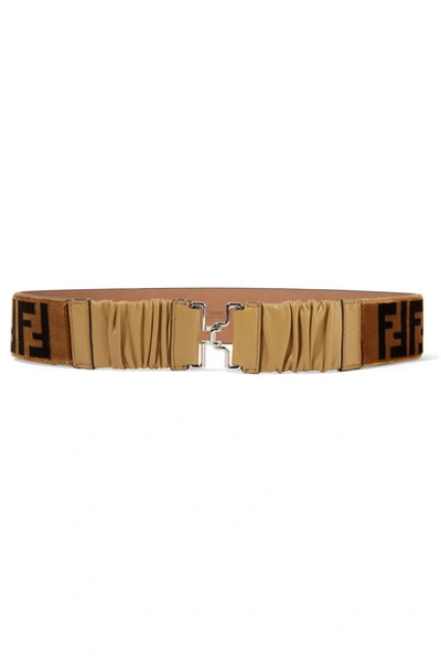 Shop Fendi Leather-trimmed Printed Velvet Belt In Brown