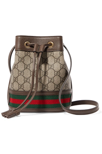 Shop Gucci Ophidia Mini Textured Leather-trimmed Printed Coated-canvas Bucket Bag In Brown
