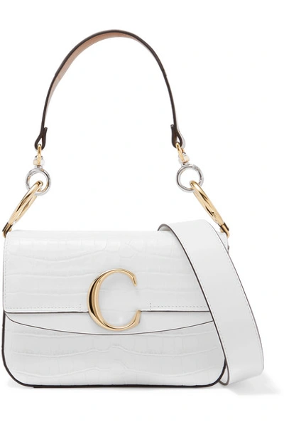 Shop Chloé C Small Leather-trimmed Croc-effect Shoulder Bag In White