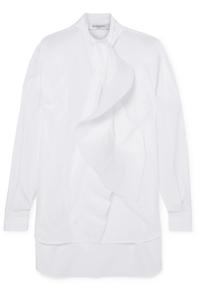 Shop Givenchy Pleated Tie-neck Cotton-poplin Shirt In White