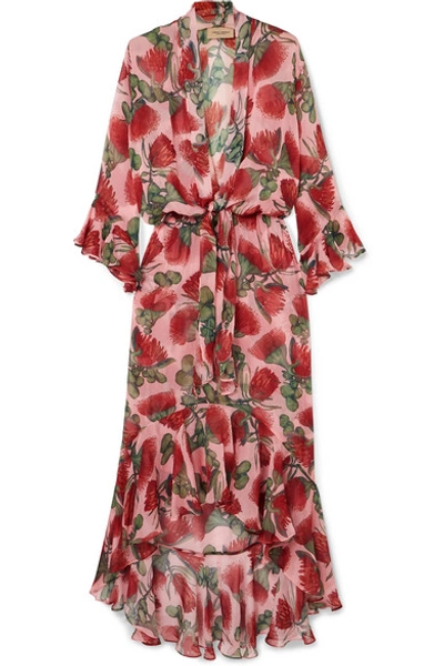 Shop Adriana Degreas Fiore Ruffled Tie-detailed Floral-print Silk-chiffon Dress In Blush