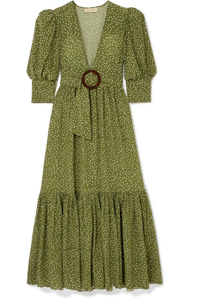 Shop Adriana Degreas Mille Punti Belted Polka-dot Silk Crepe De Chine Maxi Dress In Green