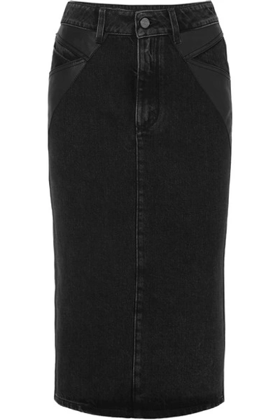 Shop Givenchy Leather-paneled Denim Midi Skirt In Black