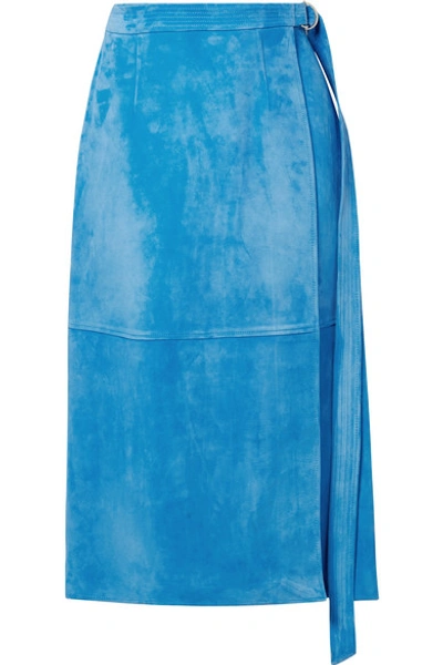 Shop Sally Lapointe Belted Wrap-effect Suede Midi Skirt In Light Blue