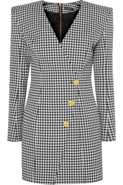 Shop Balmain Wrap-effect Houndstooth Cotton-blend Jacquard Mini Dress In Gray
