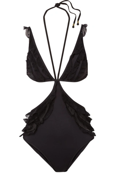 Shop Zimmermann Juno Tulle-trimmed Cutout Swimsuit In Black