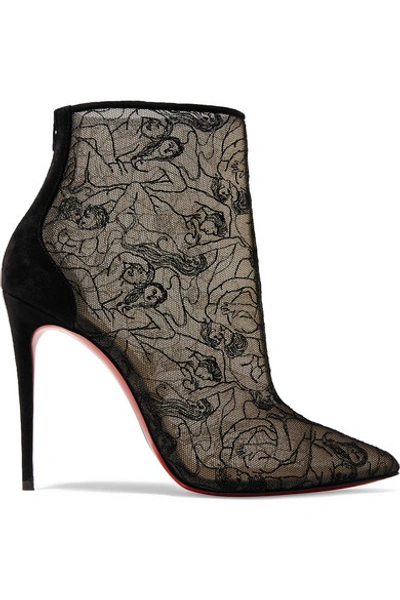 Shop Christian Louboutin Psybootie 100 Suede-trimmed Embroidered Mesh Ankle Boots In Black