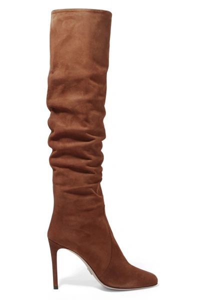 Shop Prada 100 Suede Knee Boots In Brown