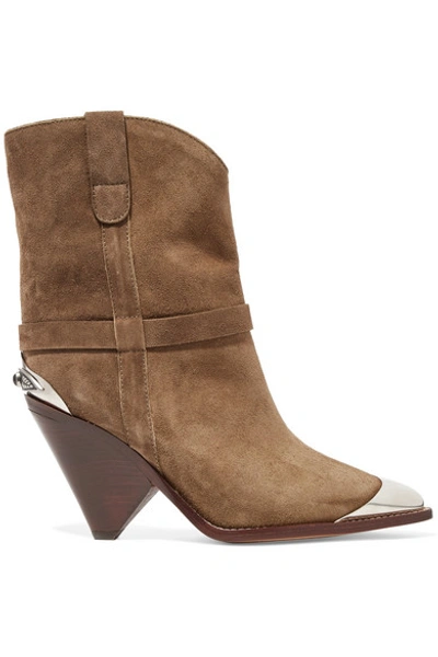 Shop Isabel Marant Lamsy Embellished Suede Ankle Boots In Taupe