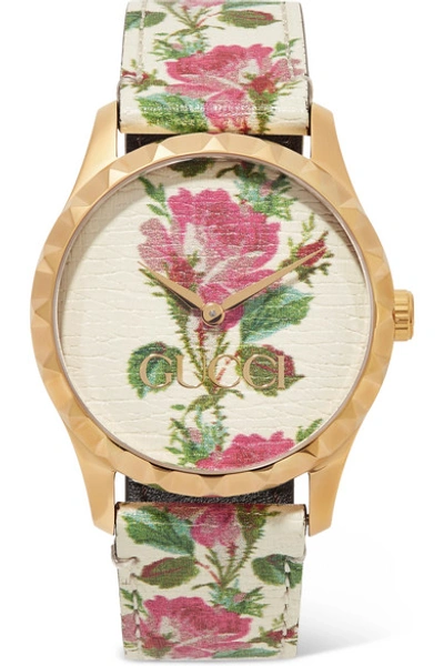 Shop Gucci G-timeless Floral-print Leather And Gold-tone Watch