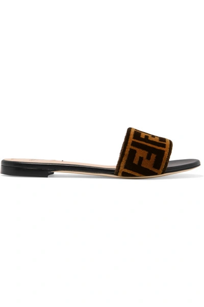 Shop Fendi Logo-print Velvet Slides In Brown