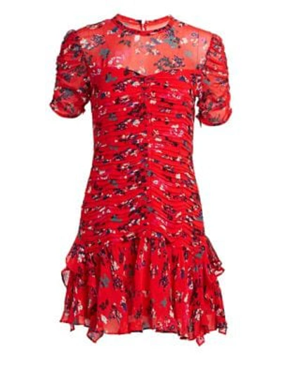 Shop Tanya Taylor Carti Floral Clusters Ruched Dress In Red