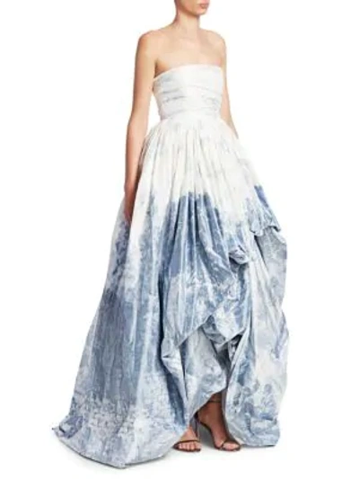 Shop Oscar De La Renta Strapless High-low Gown In Blue White