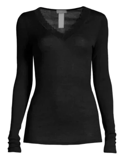 Shop Hanro Woolen Lace Wool And Silk Long-sleeve Shirt In Black