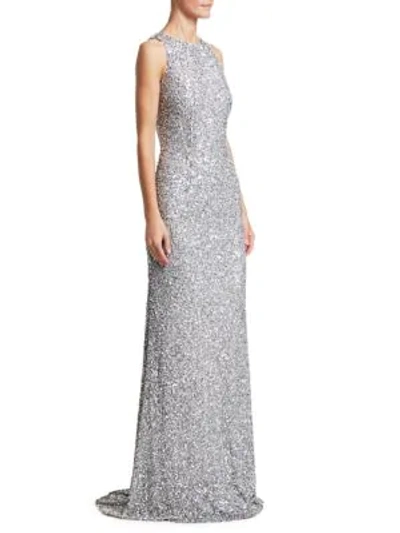 Shop Theia Sleeveless Sequin Sheath Gown In Silver