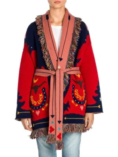 Shop Alanui Good Luck Jacquard Knit Cashmere Cardigan In La Scala Red